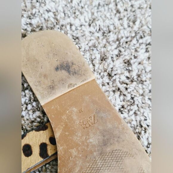 Zara Tan Cream Leopard Animal Print Faux Fur Strappy Flat Sandals - Picture 6 of 6